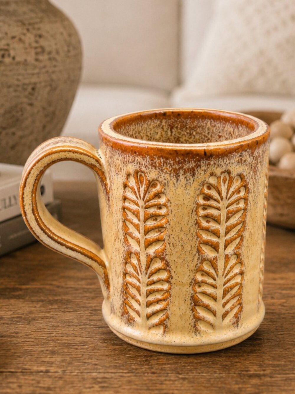 Vintage Studio Pottery Leaf Motif Ceramic Coffee Mug Signed Handmade Stoneware